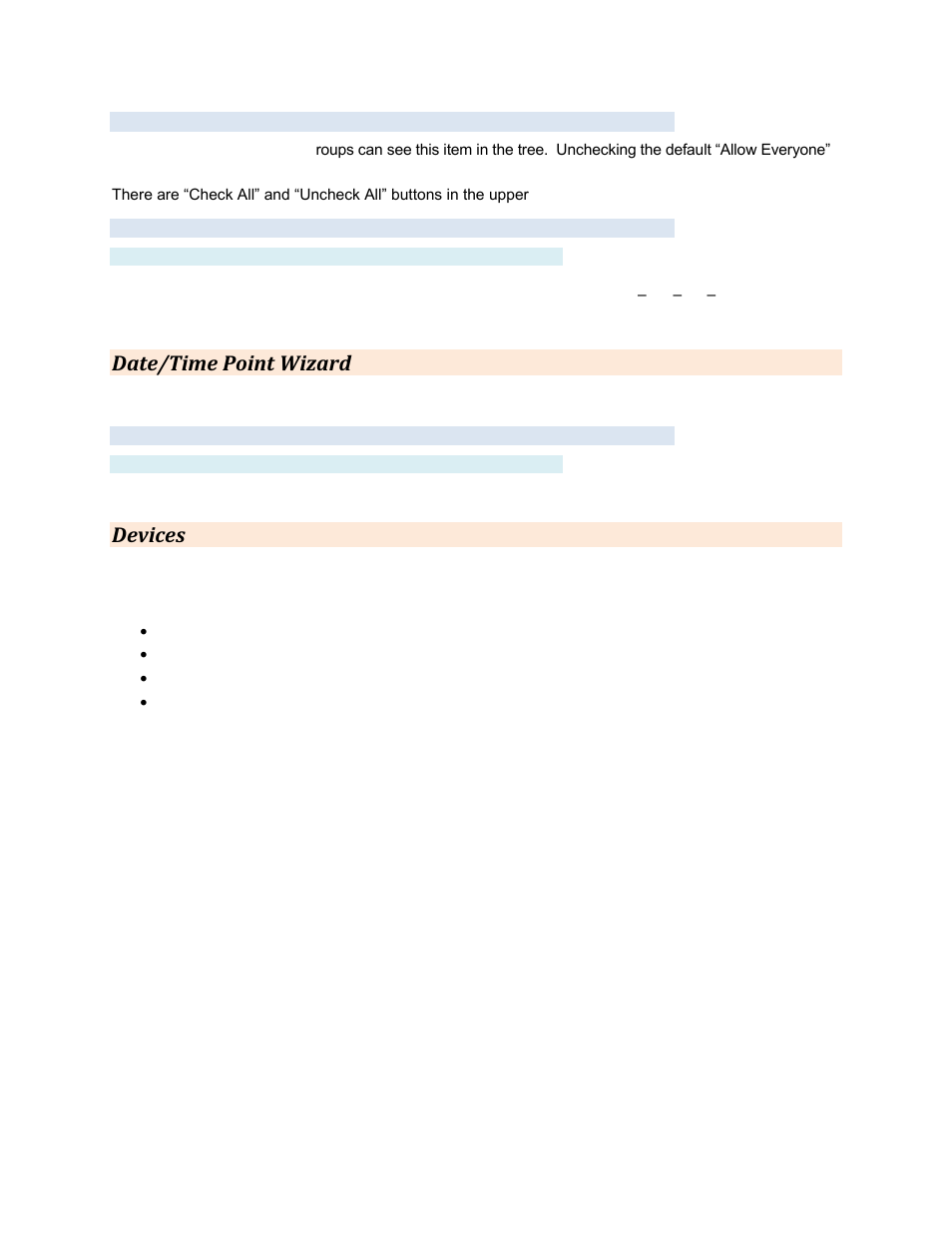 Group settings tab, Advanced tab, Name | Date/time point wizard, Date/time settings tab, Allow this point to be manually changed by users, Devices, Date/time, Point wizard | Contemporary Control Systems BASview User Manual | Page 26 / 81