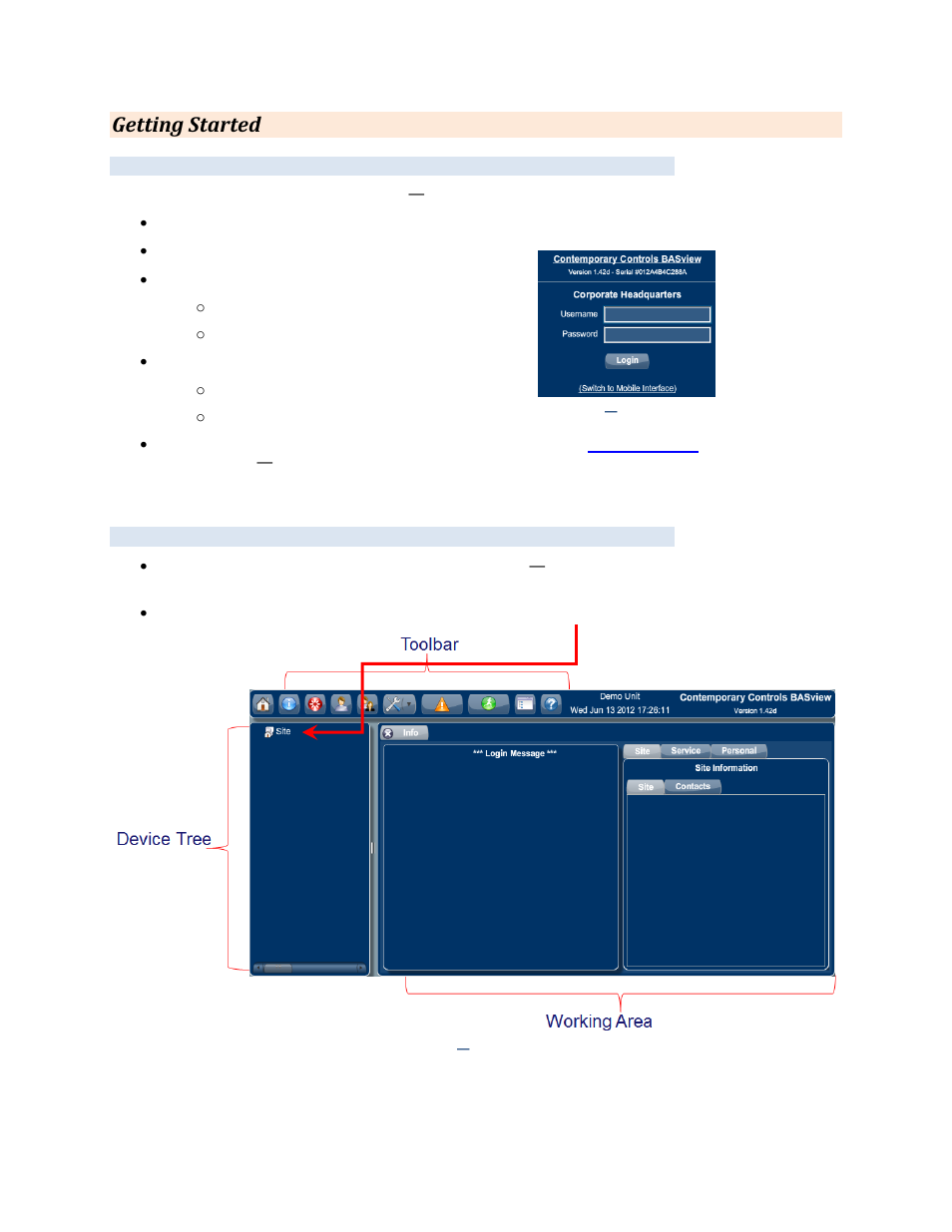 Getting started, Login screen, Basview screen | Contemporary Control Systems BASview User Manual | Page 5 / 81