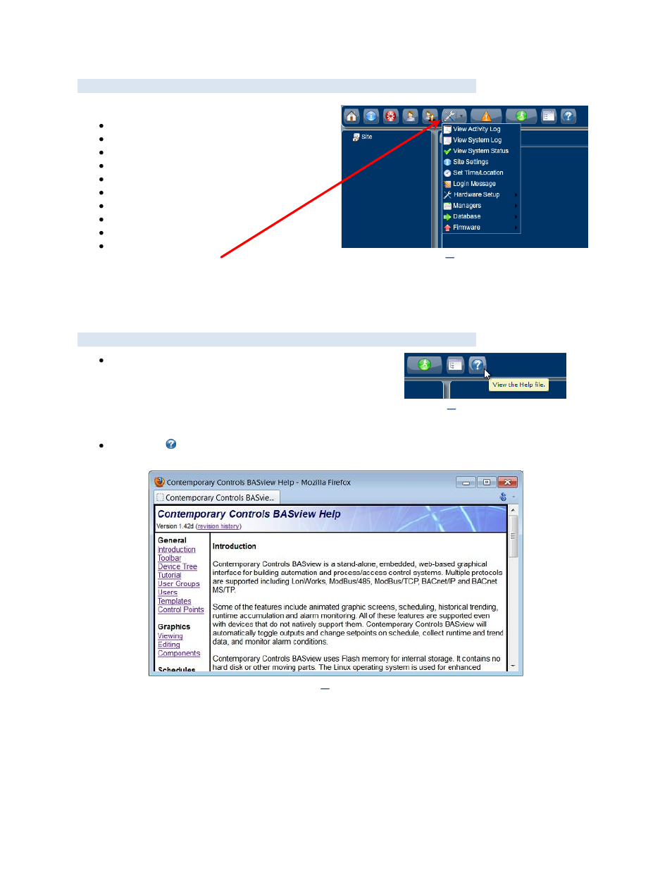 Toolbar, Help screens | Contemporary Control Systems BASview User Manual | Page 6 / 81