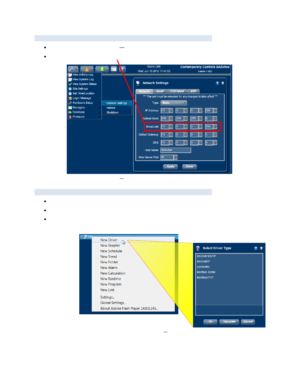 Ip address setting, Add a driver | Contemporary Control Systems BASview User Manual | Page 7 / 81