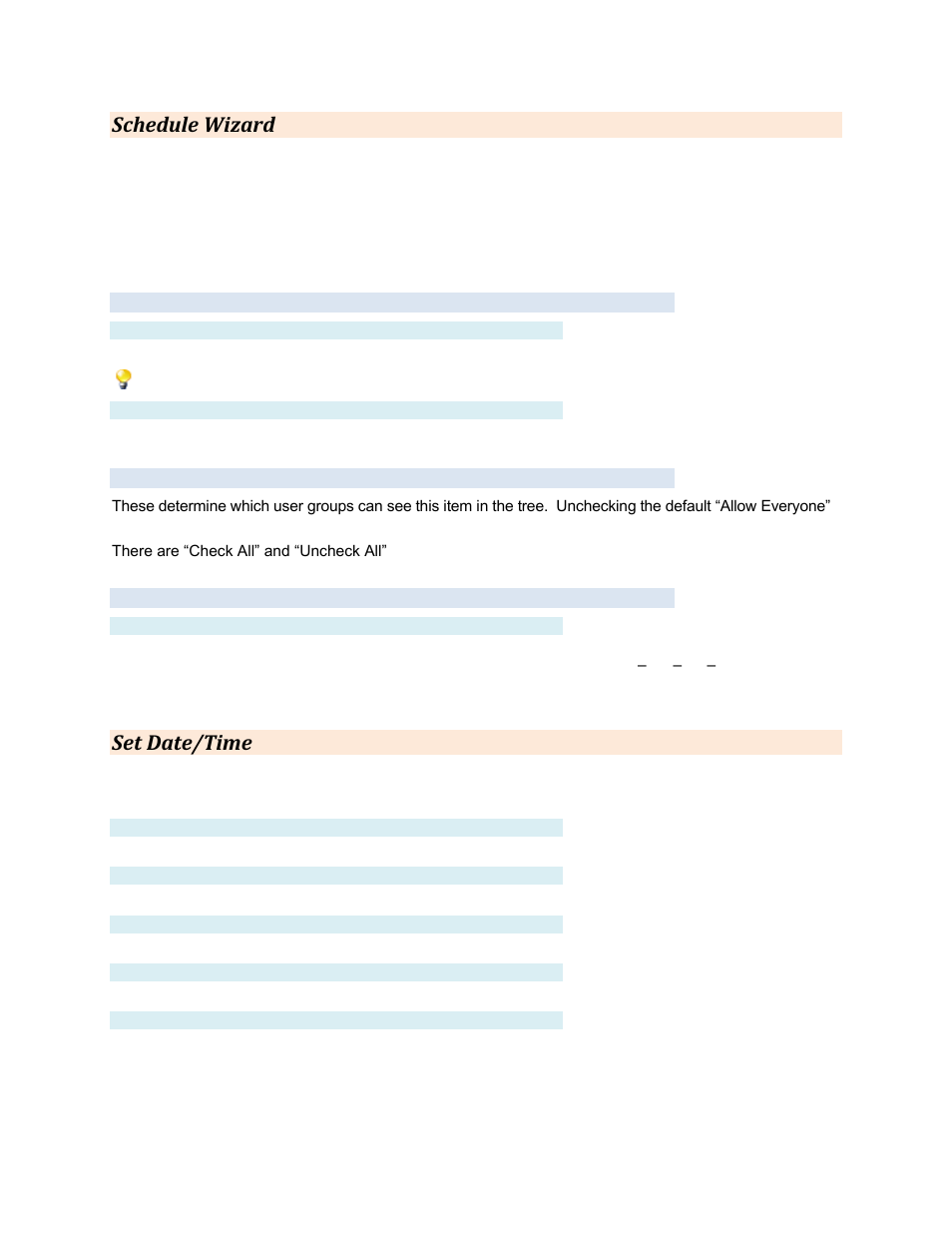 Schedule wizard, Settings tab, Label | Description, Group settings tab, Advanced tab, Name, Set date/time, Date, Hour/minute/second | Contemporary Control Systems BASview User Manual | Page 75 / 81