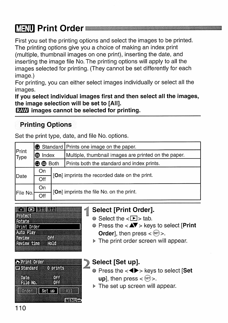 Print order, Select [print order, Select [set up | Em print order, Menu print order, Printing options | Canon EOS 300 D User Manual | Page 112 / 141