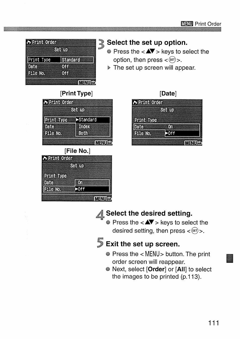 Select the set up option, Select the desired setting, Exit the set up screen | Canon EOS 300 D User Manual | Page 113 / 141