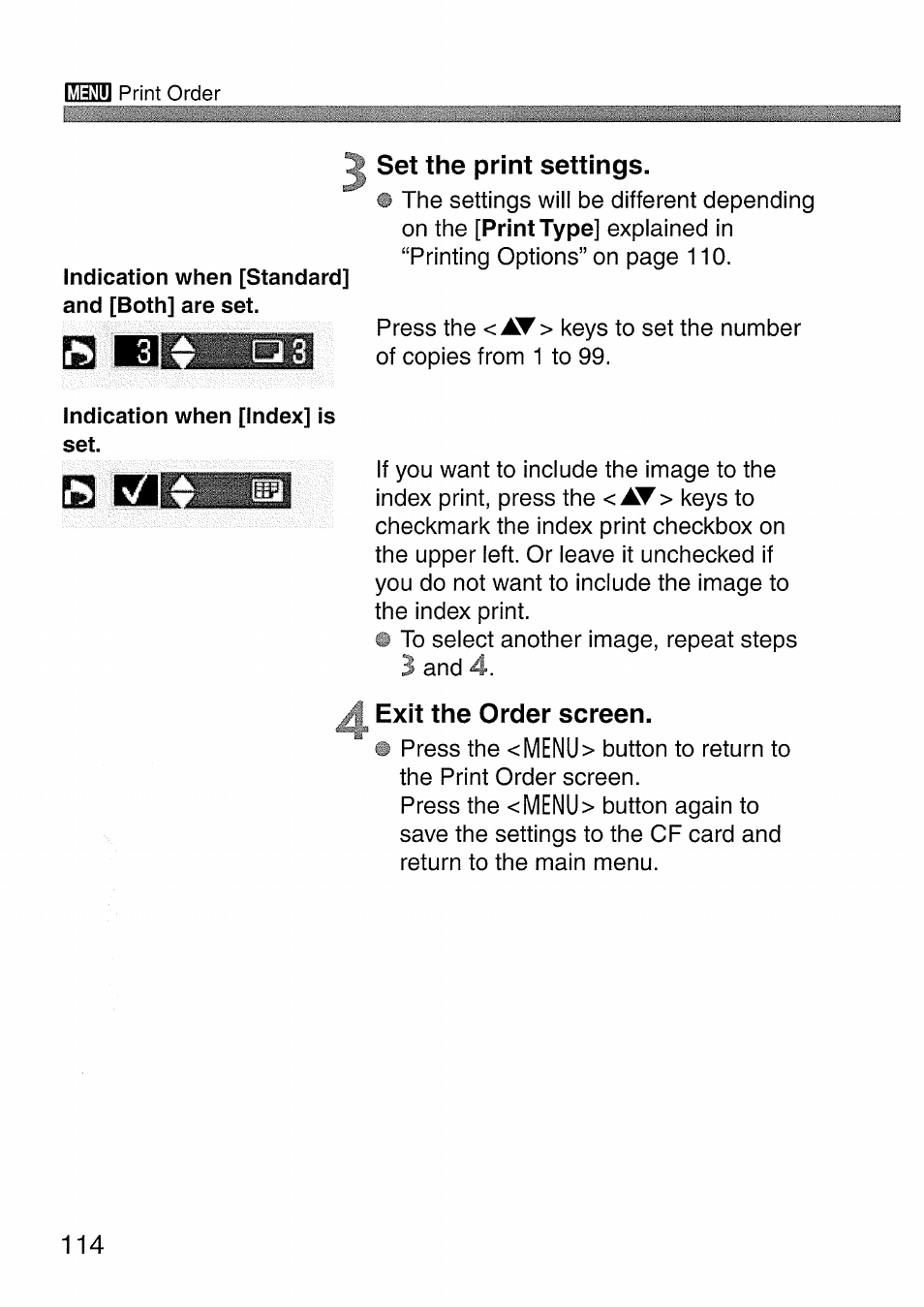 Set the print settings, Exit the order screen | Canon EOS 300 D User Manual | Page 116 / 141