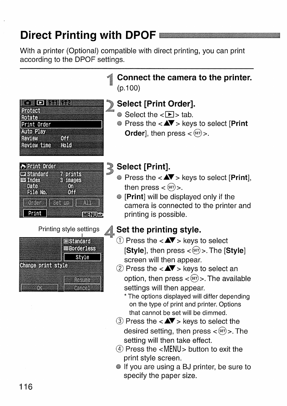 Direct printing with dpof, Connect the camera to the printer, Select [print order | Select [print, Set the printing style | Canon EOS 300 D User Manual | Page 118 / 141