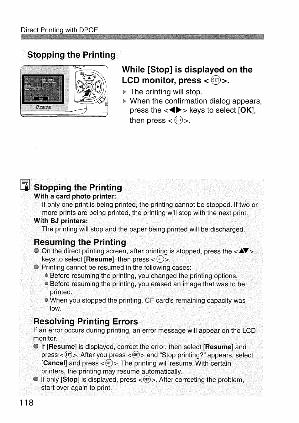 Ij stopping the printing, Resuming the printing, Resolving printing errors | Stopping the printing | Canon EOS 300 D User Manual | Page 120 / 141