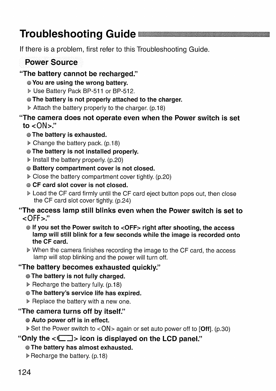 Troubleshooting guides, Power source, Troubleshooting guide | Canon EOS 300 D User Manual | Page 126 / 141