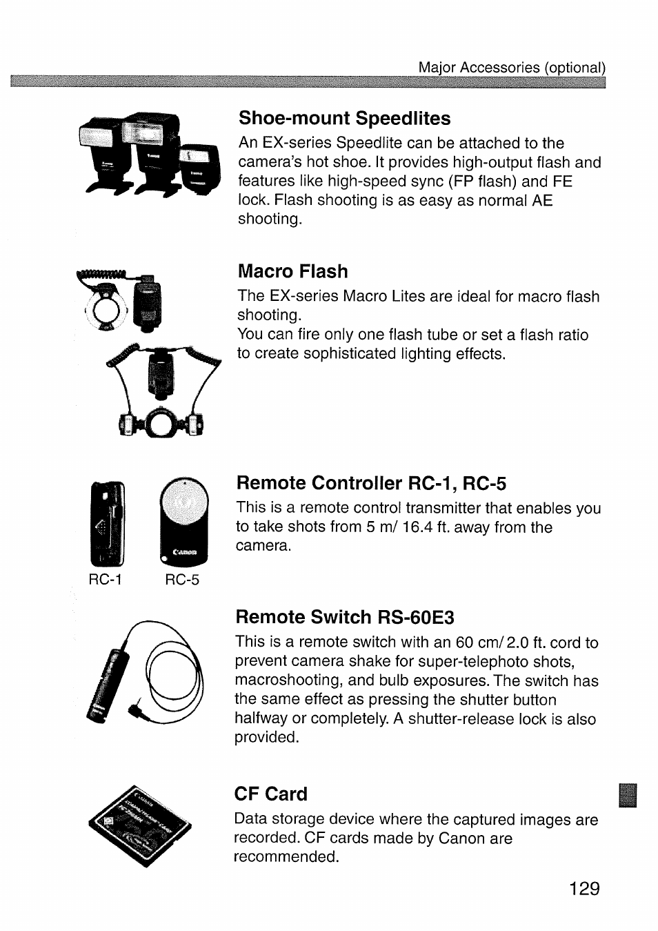 Shoe-mount speedlites, Macro flash, Remote controller rc-1, rc-5 | Remote switch rs-60e3, Cf card | Canon EOS 300 D User Manual | Page 131 / 141