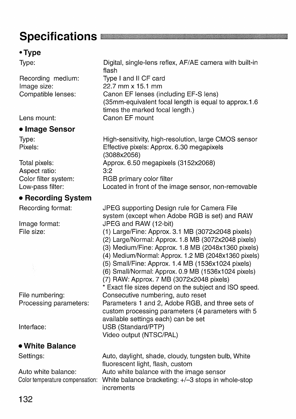 Specifications | Canon EOS 300 D User Manual | Page 134 / 141