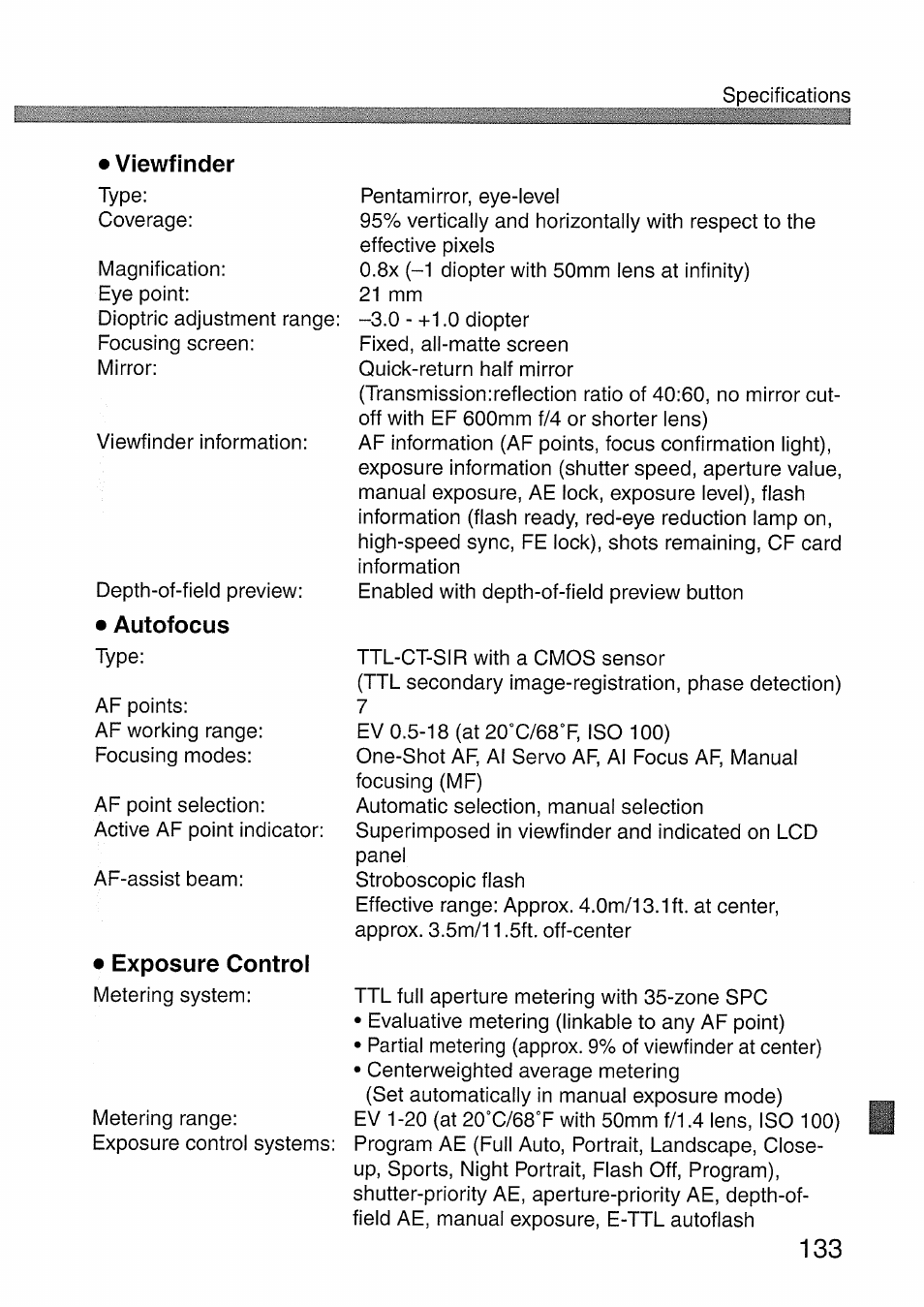 Viewfinder, Autofocus, Exposure control | Canon EOS 300 D User Manual | Page 135 / 141