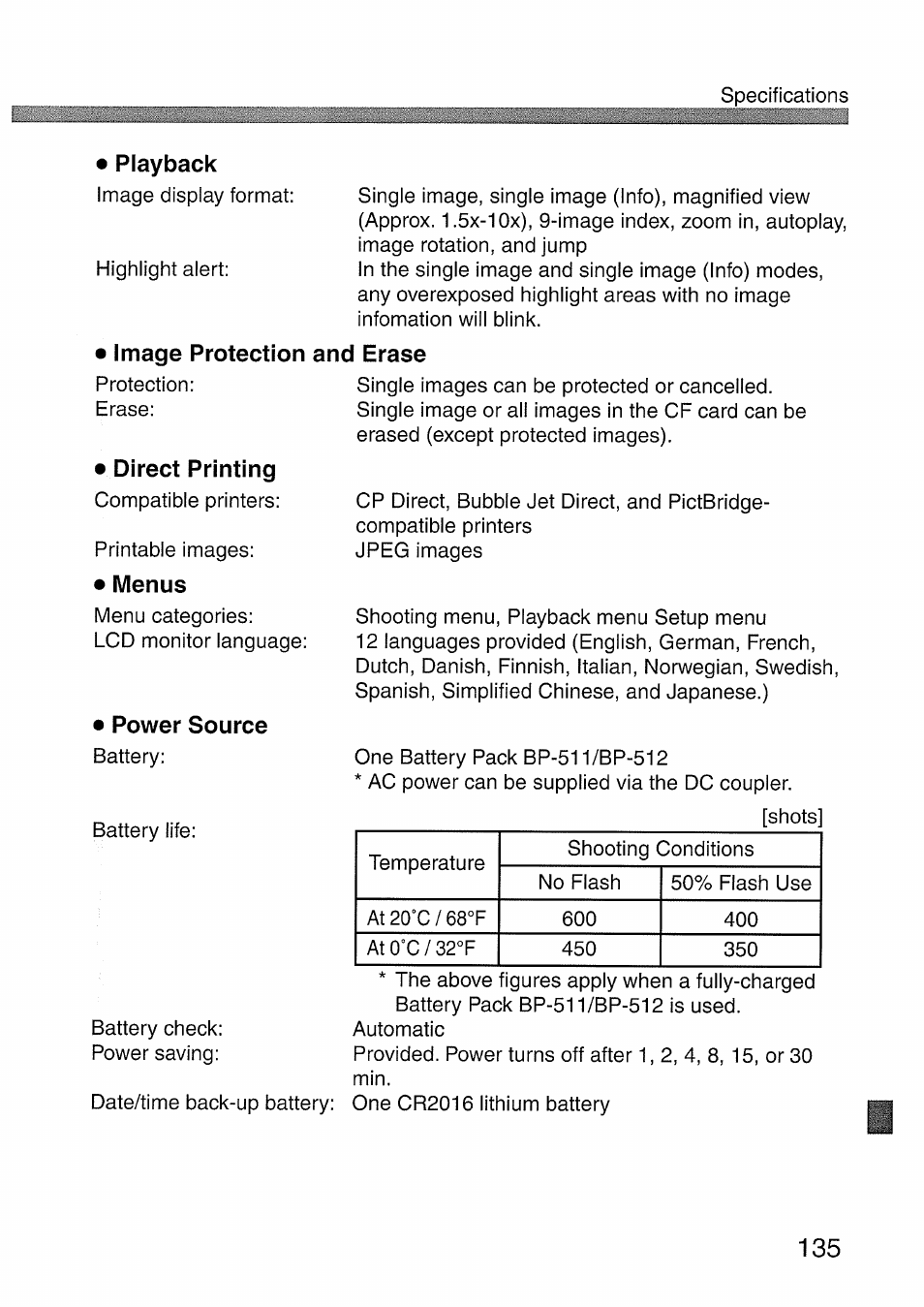 Playback, Image protection, Direct printing | Menus, Power source, And erase | Canon EOS 300 D User Manual | Page 137 / 141