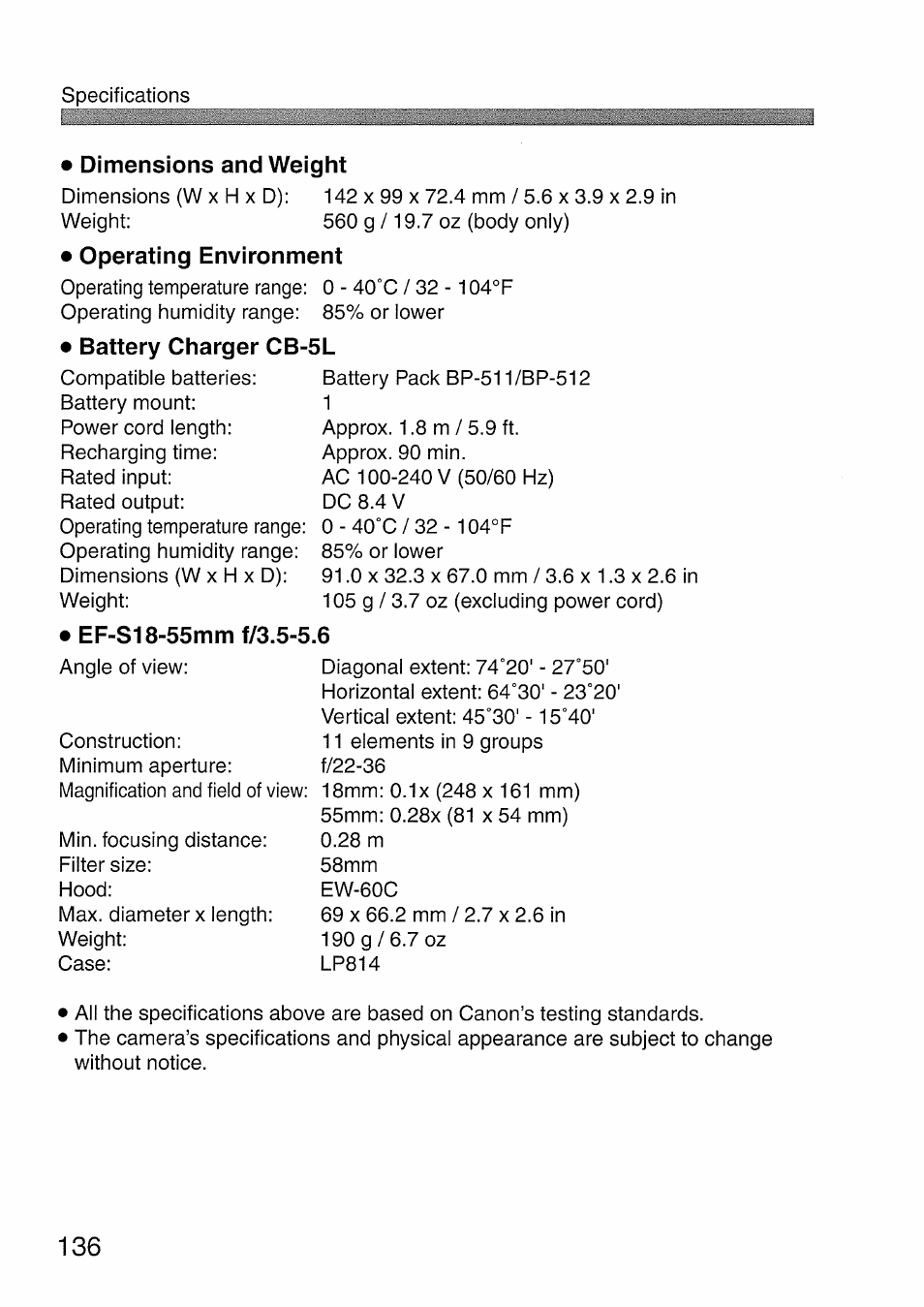 Dimensions and weight, Operating environment, Battery charger cb-5l | Canon EOS 300 D User Manual | Page 138 / 141