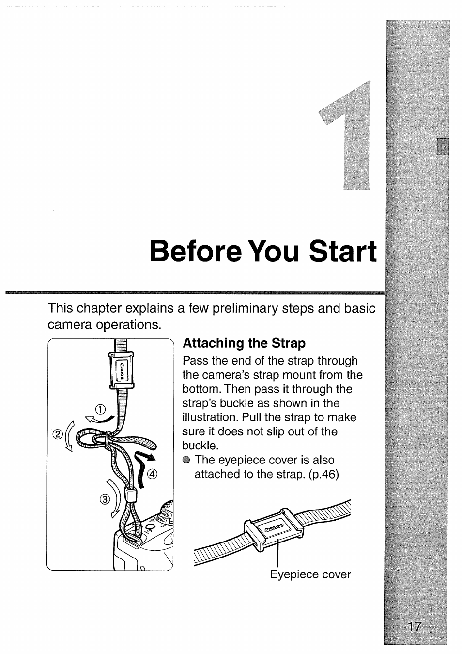 Attaching the strap, Before you start | Canon EOS 300 D User Manual | Page 17 / 141