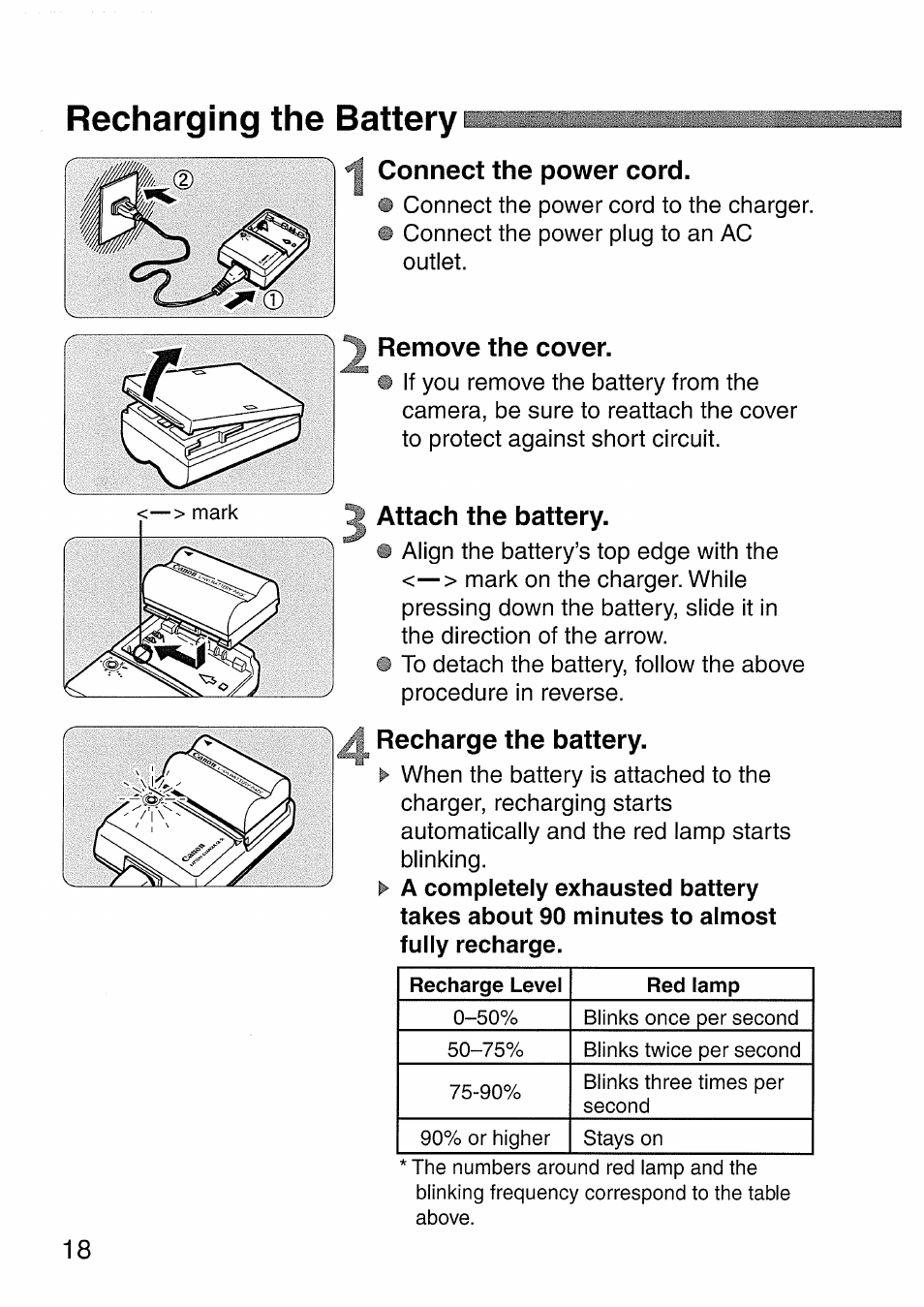 Recharging the battery, Connect the power cord, Remove the cover | Attach the battery, Recharge the battery | Canon EOS 300 D User Manual | Page 18 / 141