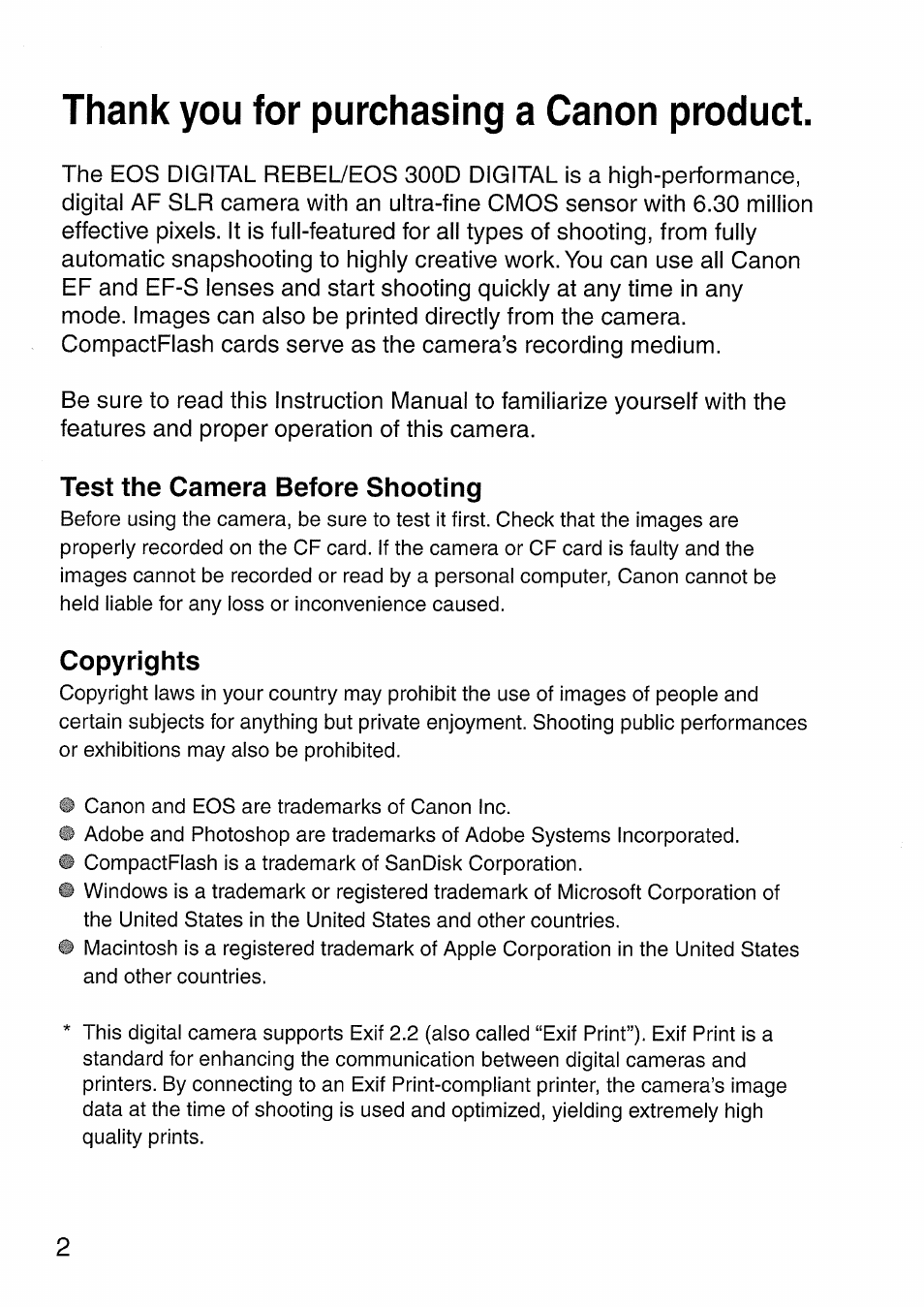 Test the camera before shooting, Copyrights | Canon EOS 300 D User Manual | Page 2 / 141