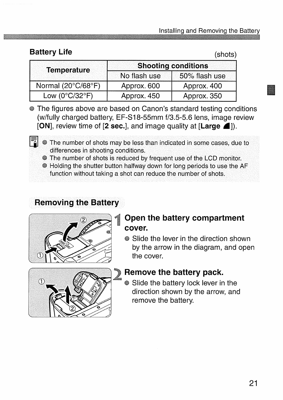 Removing the battery, Open the battery compartment cover, Remove the battery pack | Canon EOS 300 D User Manual | Page 21 / 141