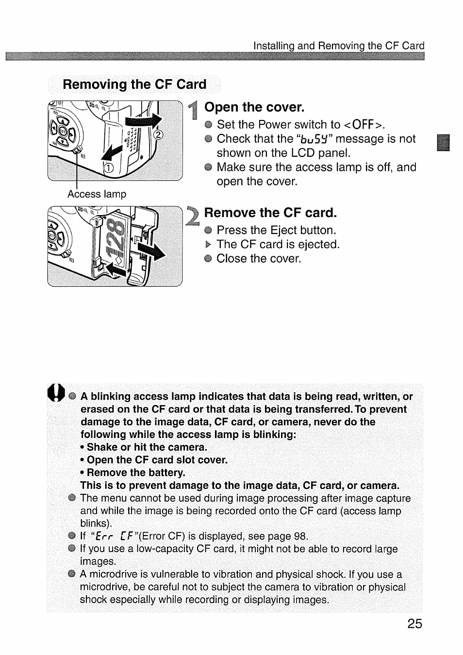 Removing the cf card, Open the cover, Remove the cf card | Canon EOS 300 D User Manual | Page 25 / 141