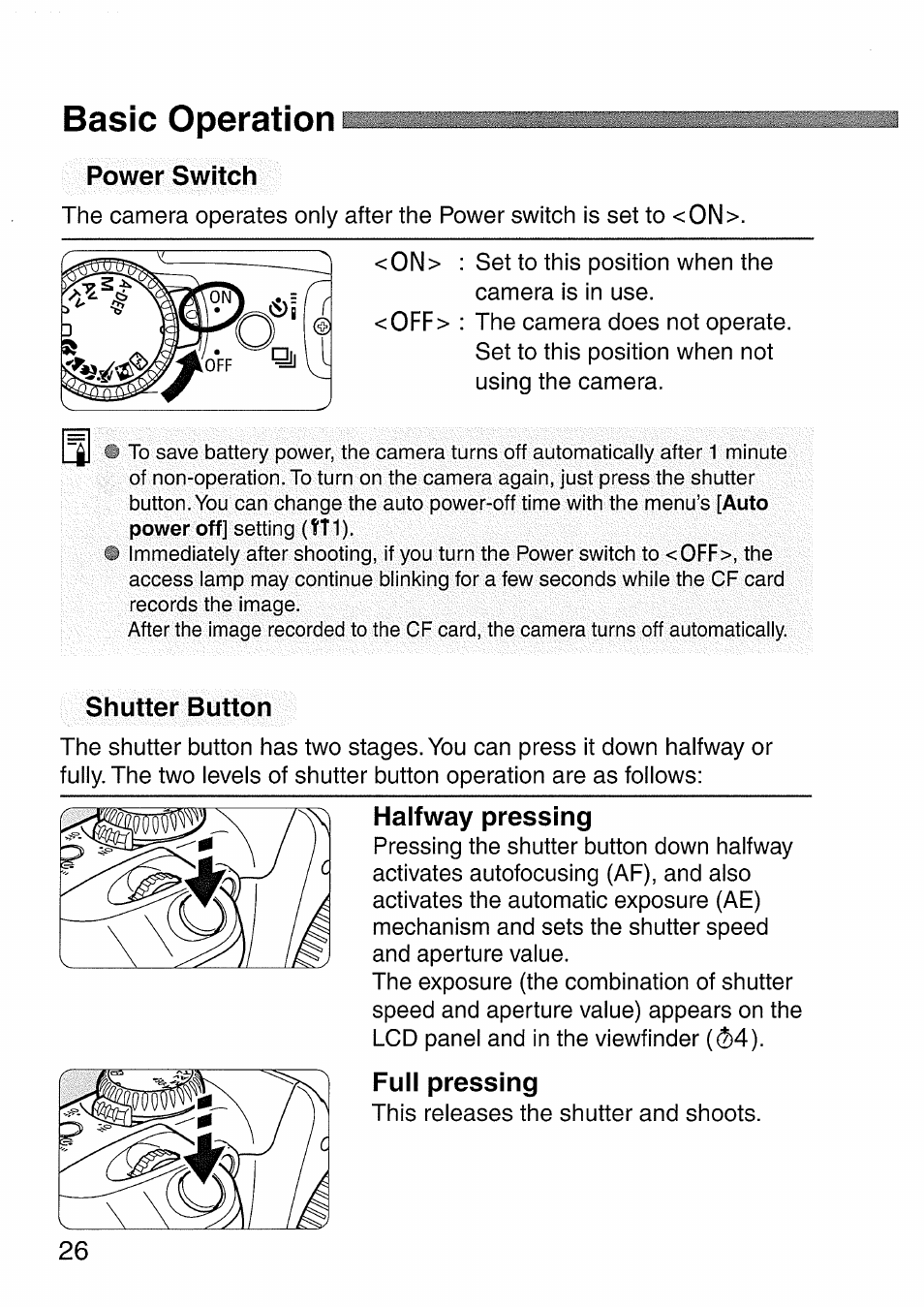 Basic operation, Power switch, Shutter button | Halfway pressing, Full pressing | Canon EOS 300 D User Manual | Page 26 / 141