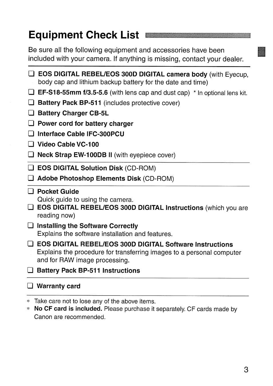 Equipment check list i | Canon EOS 300 D User Manual | Page 3 / 141