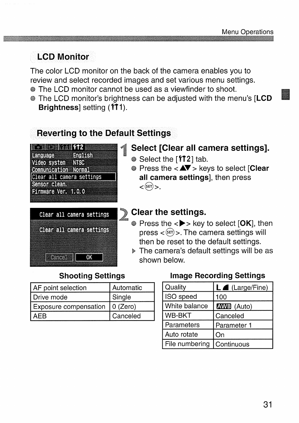 Lcd monitor, Select [clear all camera settings, Clear the settings | Reverting to the default settings | Canon EOS 300 D User Manual | Page 31 / 141