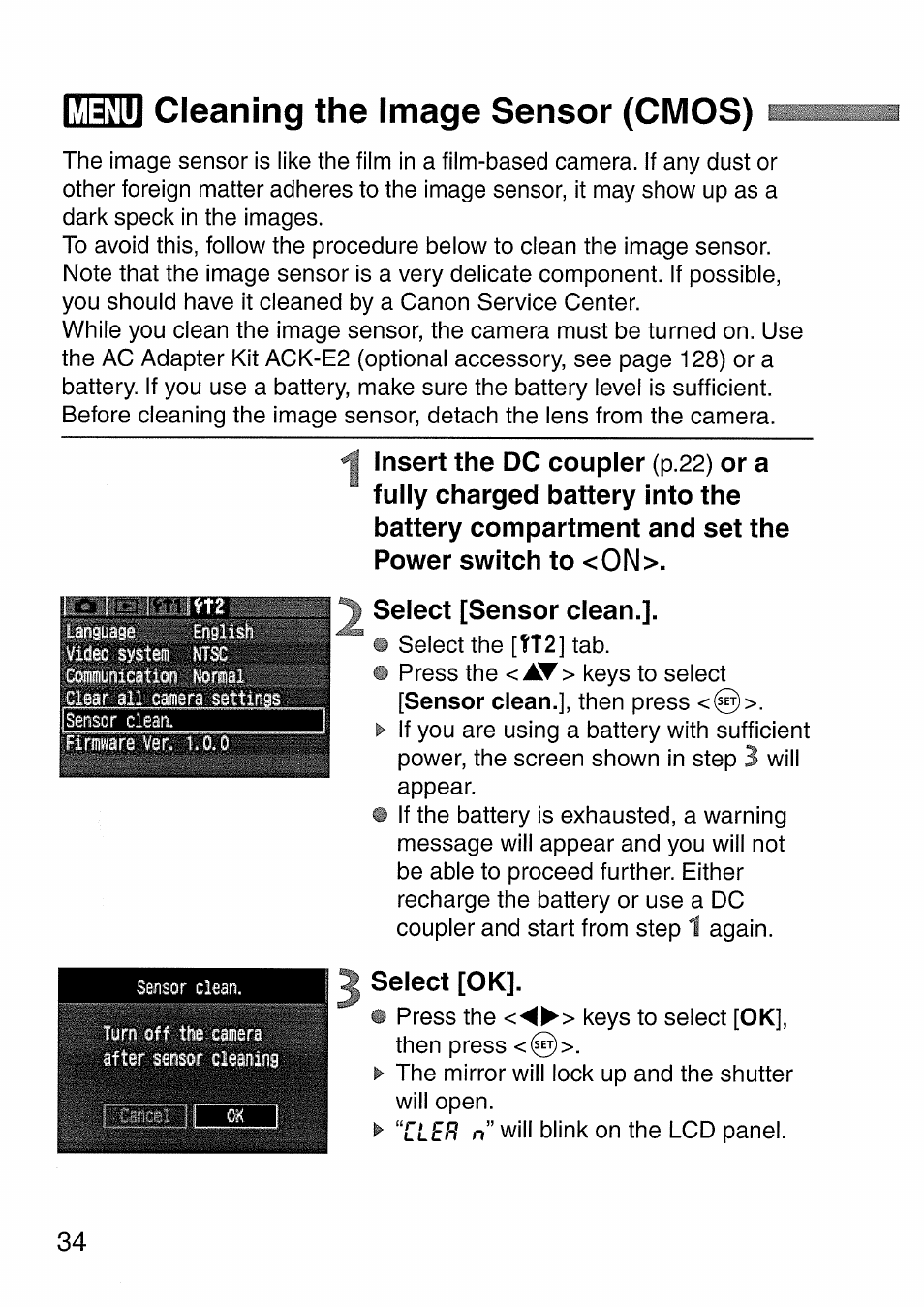 Cleaning the image sensor (cmos), Menu cleaning the image sensor (cmos), Insert the dc coupler | Select [ok | Canon EOS 300 D User Manual | Page 34 / 141