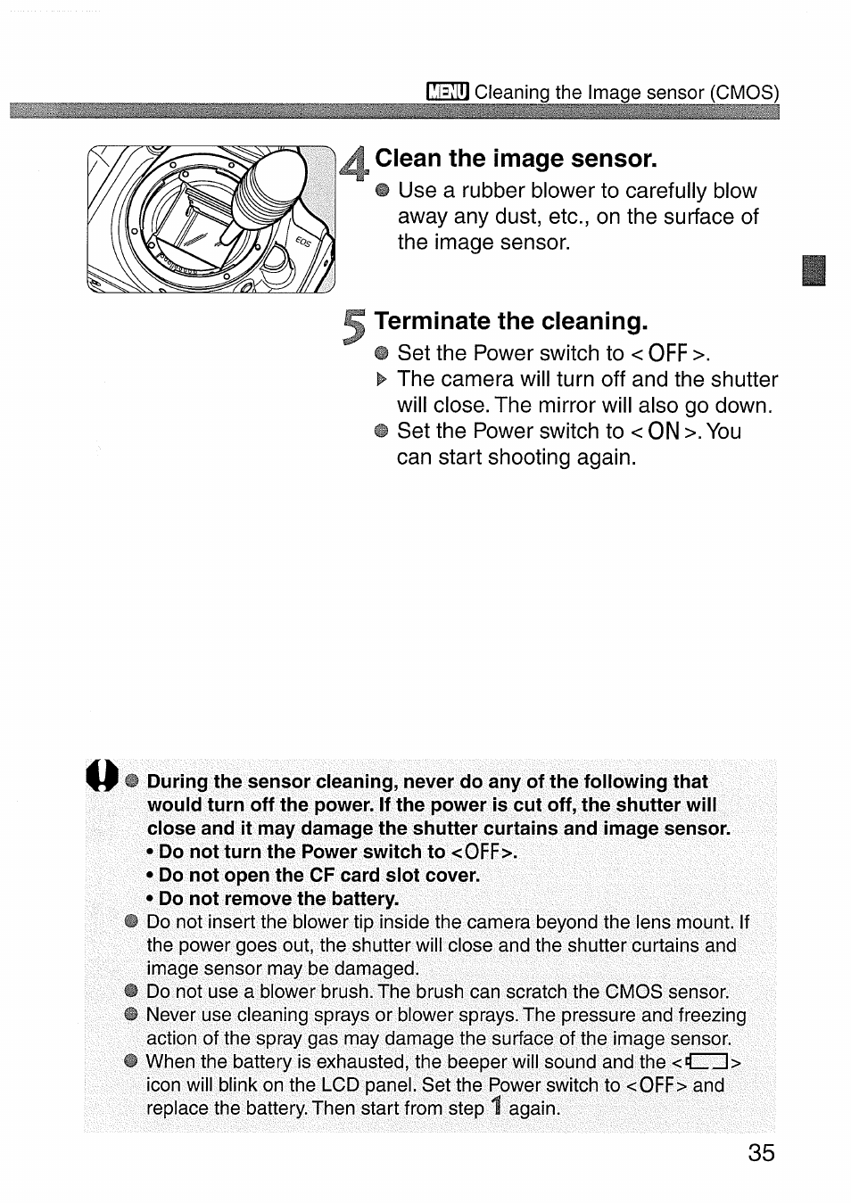 Clean the image sensor, Terminate the cleaning | Canon EOS 300 D User Manual | Page 35 / 141