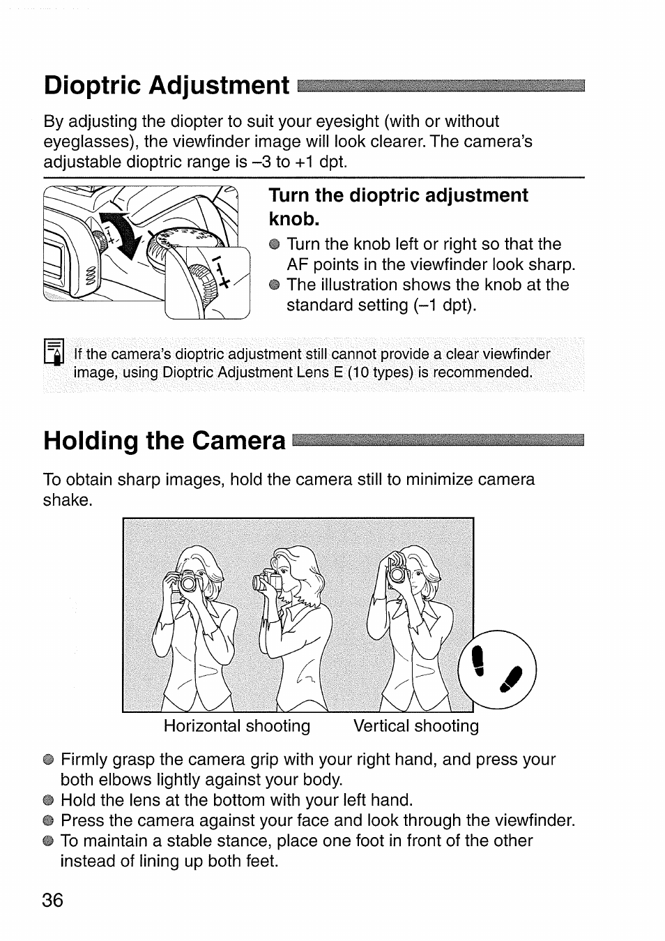 Dioptric adjustment, Turn the dioptric adjustment knob, Holding the camera | Canon EOS 300 D User Manual | Page 36 / 141