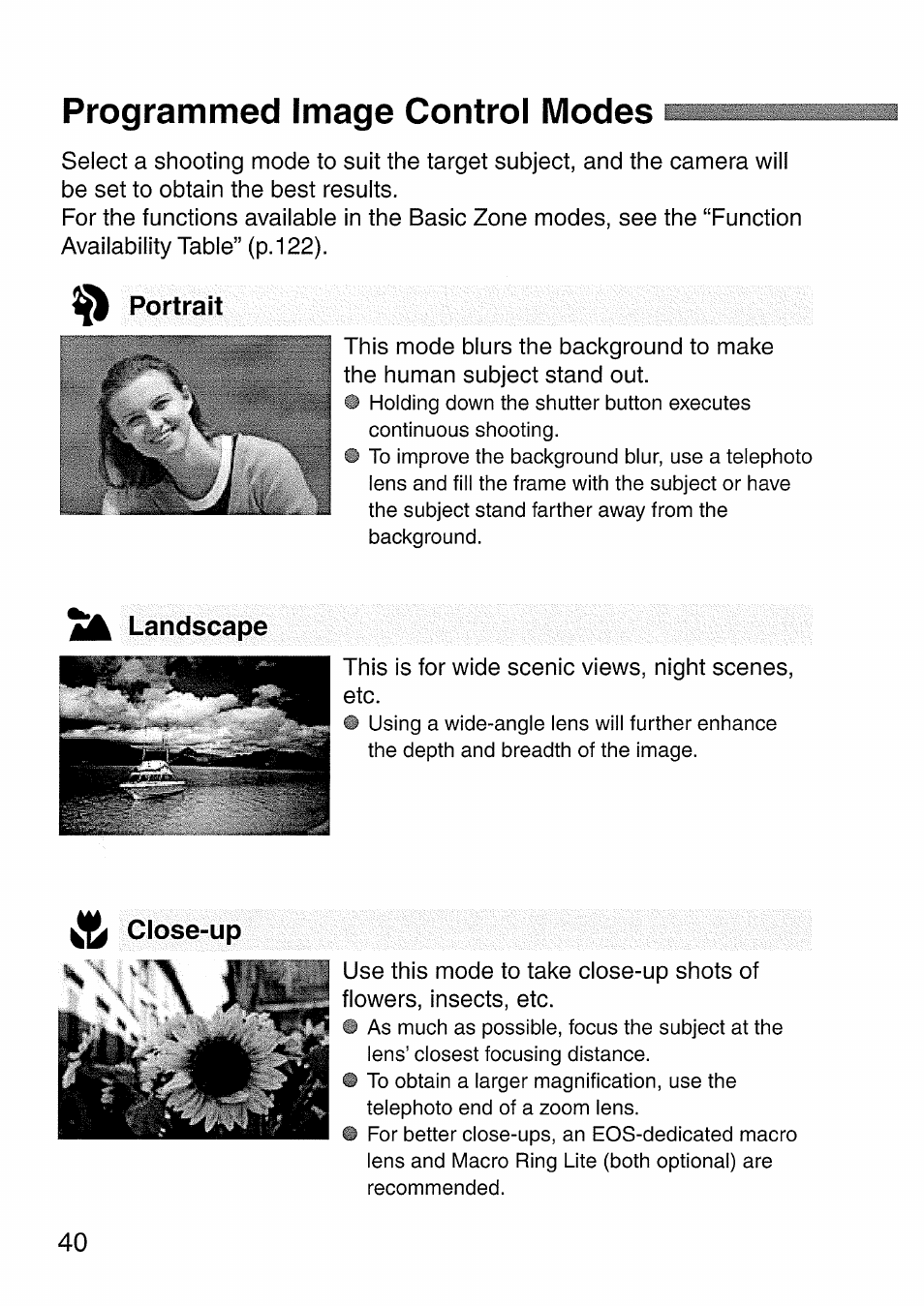 Programmed image control modes, Landscape, Close-up | Portrait | Canon EOS 300 D User Manual | Page 40 / 141