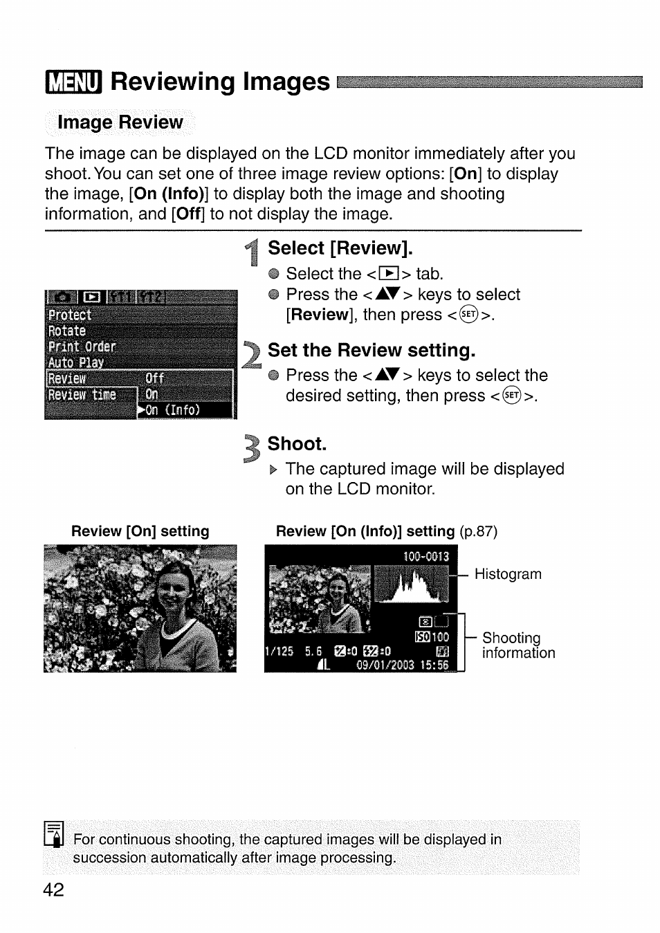 Reviewing images, Image review, Select [review | Set the review setting, Shoot, Mm reviewing images, Menu reviewing images | Canon EOS 300 D User Manual | Page 42 / 141