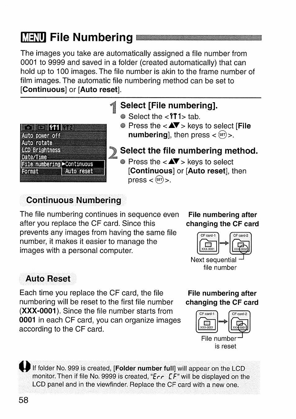 File numbering, Select [file numbering, Select the file numbering method | Continuous numbering, Auto reset, Mm file numbering, Menu file numbering | Canon EOS 300 D User Manual | Page 58 / 141