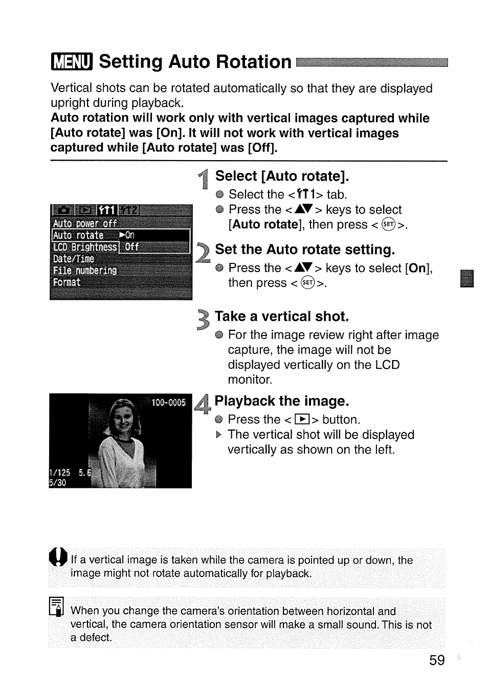 Select [auto rotate, Set the auto rotate setting, Take a vertical shot | Playback the image, Menu setting auto rotation | Canon EOS 300 D User Manual | Page 59 / 141