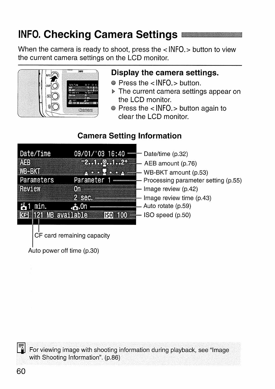 Info. checking camera settings i, Display the camera settings, Camera setting information | Info. checking camera settings | Canon EOS 300 D User Manual | Page 60 / 141