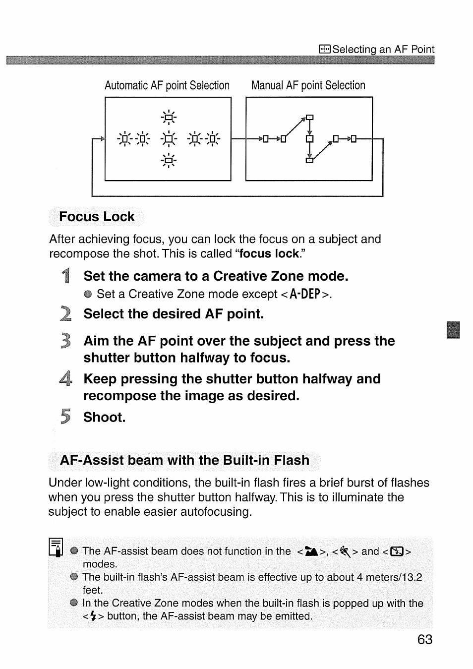 Focus lock, 1 set the camera to a creative zone mode, 2 select the desired af point | 5 shoot, Af-assist beam with the built-in flash | Canon EOS 300 D User Manual | Page 63 / 141