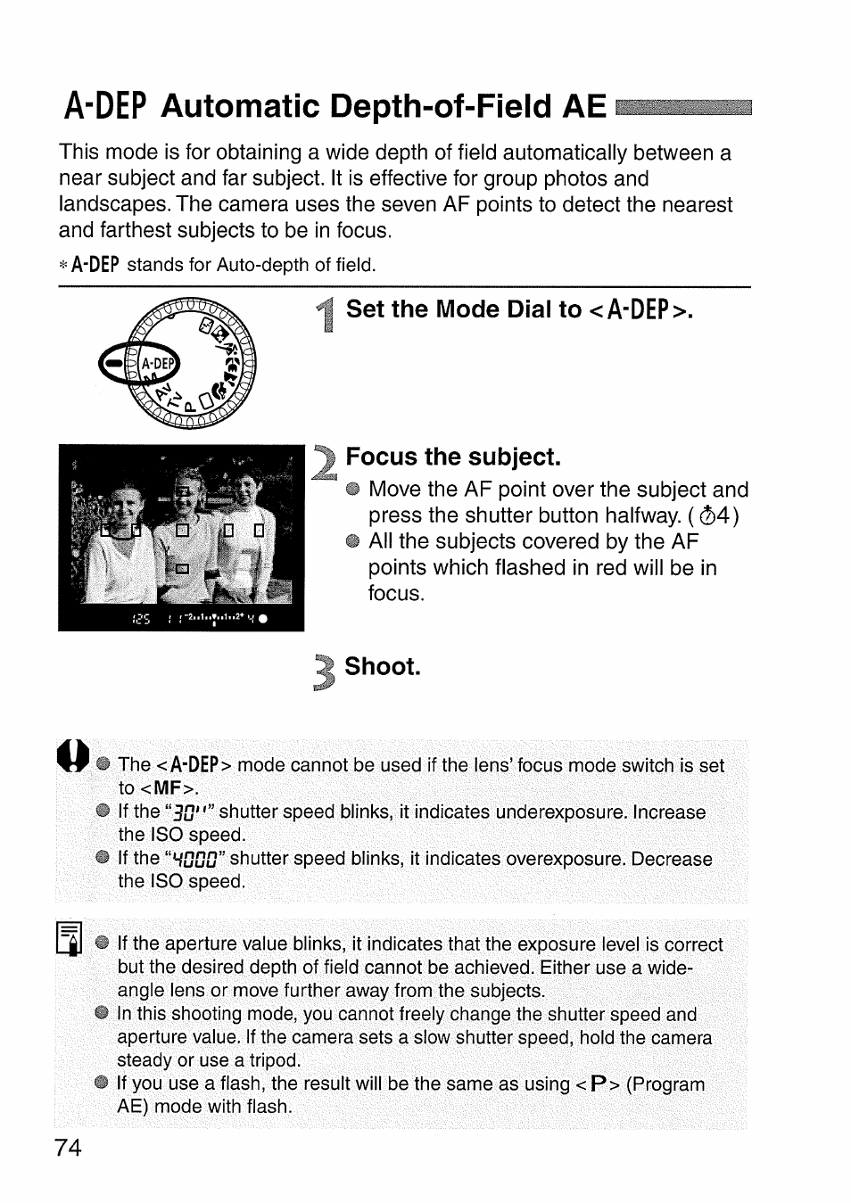 Set the mode dial to < a-dep, Focus the subject, Shoot | A-dep, Automatic depth-of-field ae, Set the mode dial to < a-dep >. focus the subject | Canon EOS 300 D User Manual | Page 74 / 141