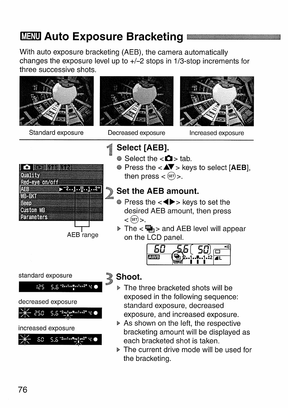 Select [aeb, Set the aeb amount, Shoot | Auto exposure bracketing, Menu | Canon EOS 300 D User Manual | Page 76 / 141