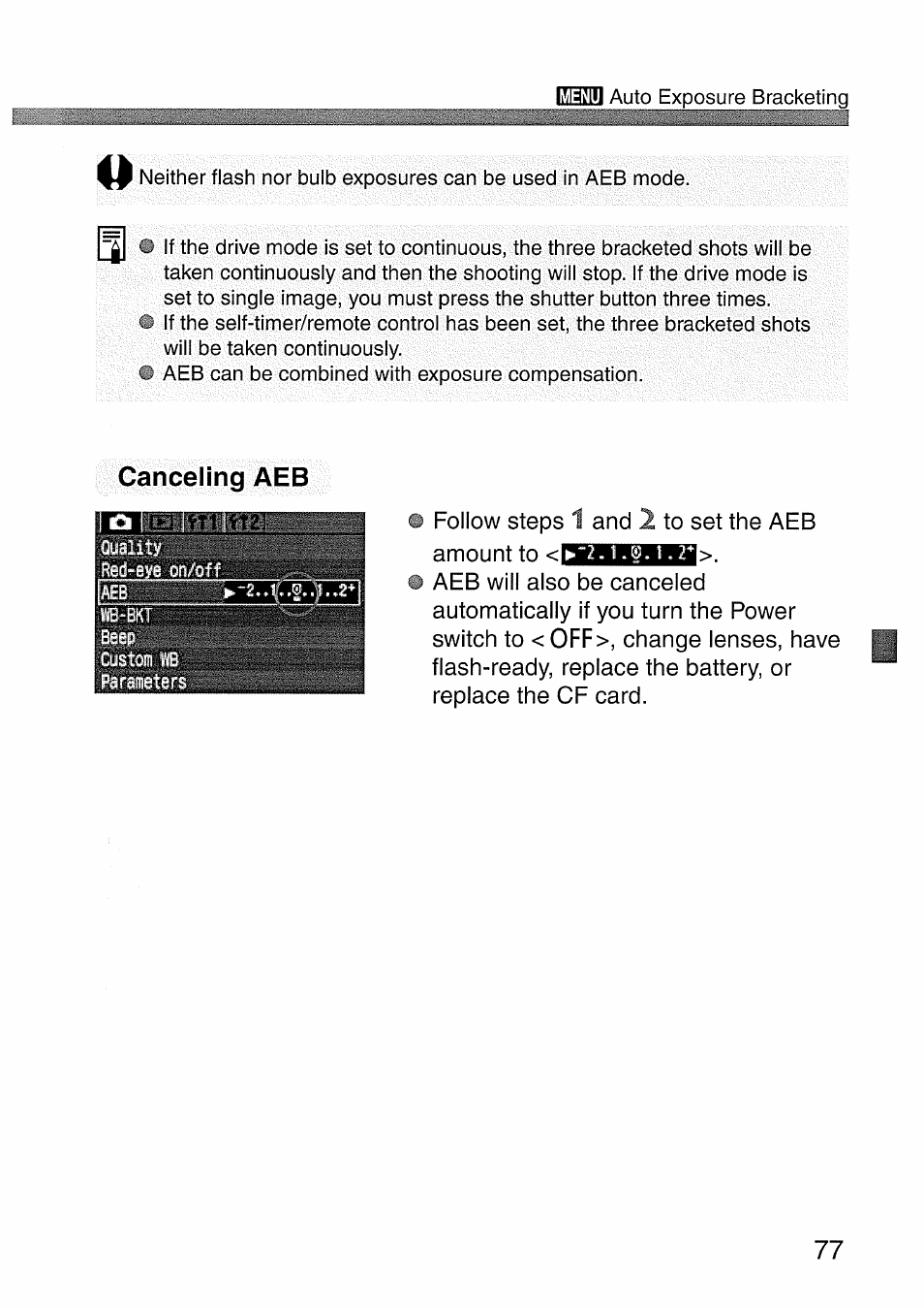 Canceling aeb | Canon EOS 300 D User Manual | Page 77 / 141