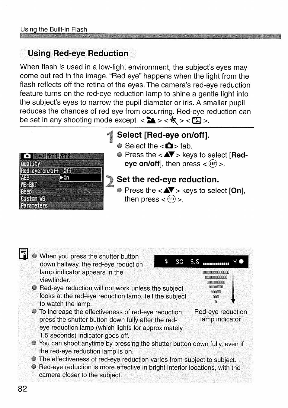 Using red-eye reduction, Select [red-eye on/off, Set the red-eye reduction | Canon EOS 300 D User Manual | Page 82 / 141