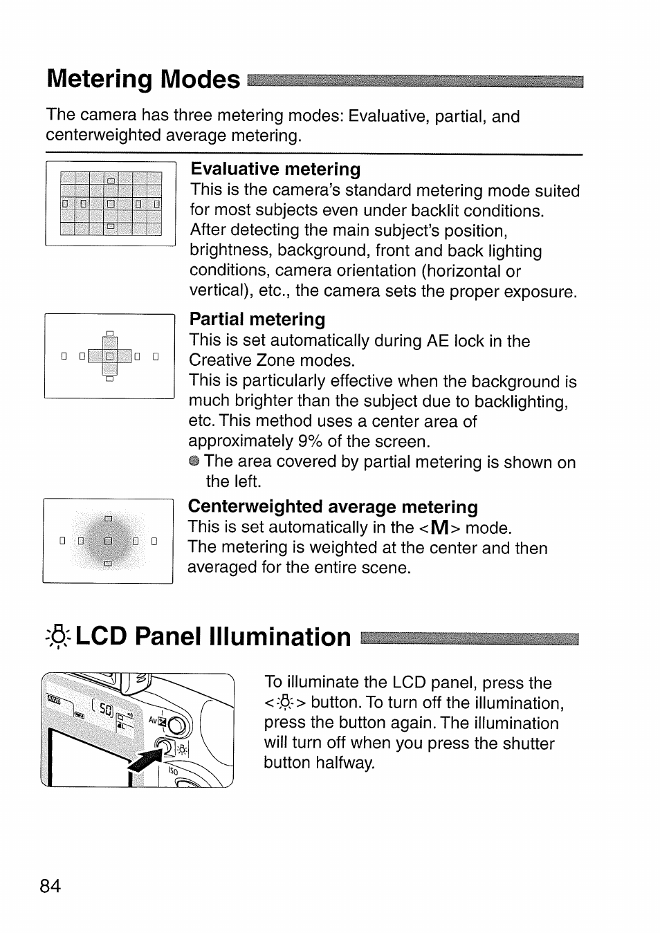 Metering modes, Lcd panel illumination, 6;-lcd panel illumination | Evaluative metering, Partial metering, Centerweighted average metering | Canon EOS 300 D User Manual | Page 84 / 141