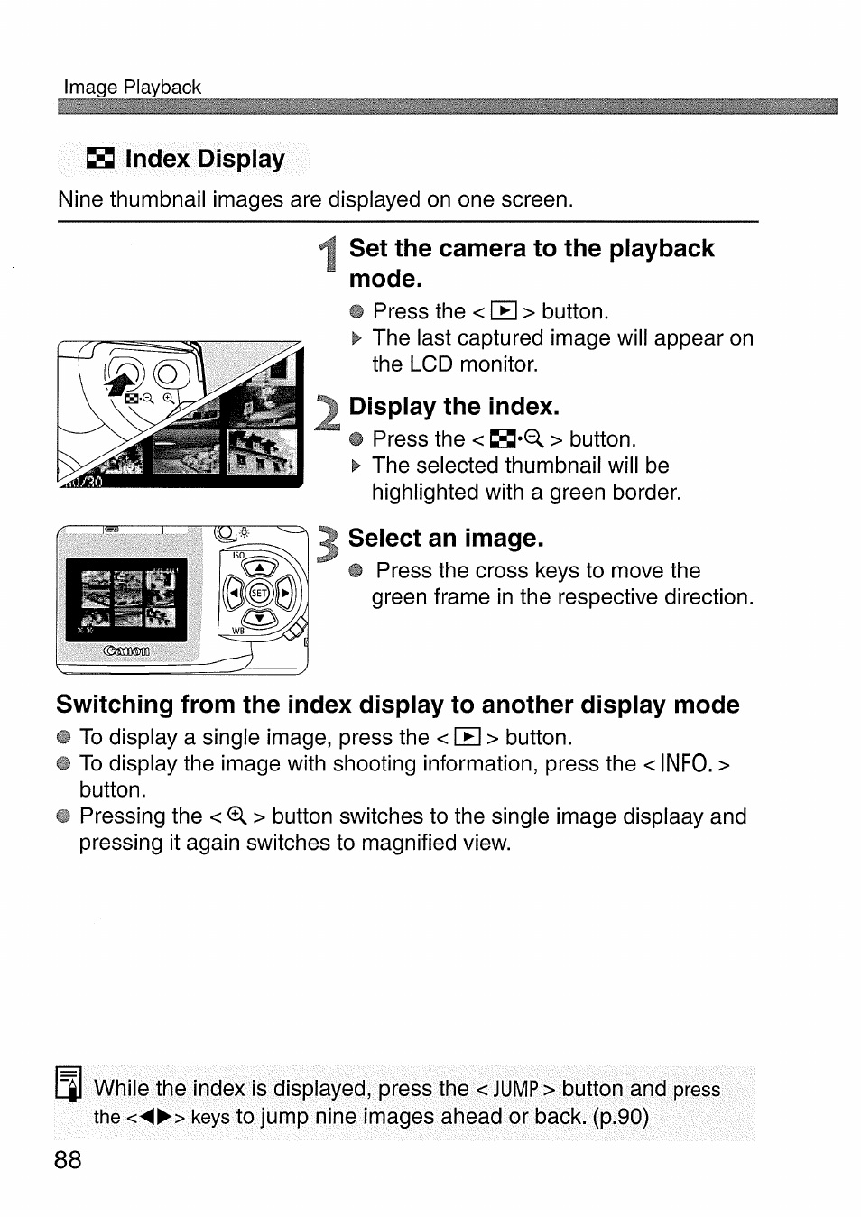 Ei index display, Set the camera to the playback mode, Display the index | Seiect an image | Canon EOS 300 D User Manual | Page 90 / 141