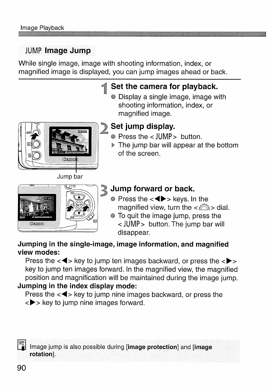 Jump image jump, Set the camera for playback, Set jump display | Jump forward or back, Image jump | Canon EOS 300 D User Manual | Page 92 / 141