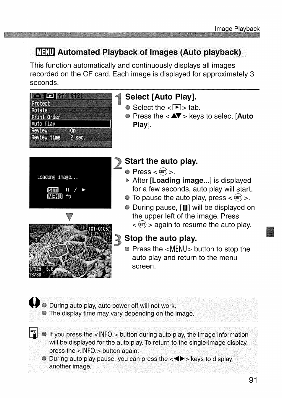 Vtìm automated playback of images (auto playback), Select [auto play, Start the auto play | Stop the auto play | Canon EOS 300 D User Manual | Page 93 / 141