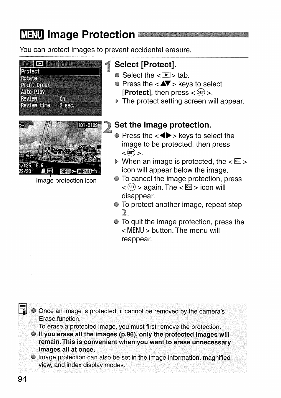 Image protection, Select [protect, Set the image protection | Em image protection, Menu image protection | Canon EOS 300 D User Manual | Page 96 / 141