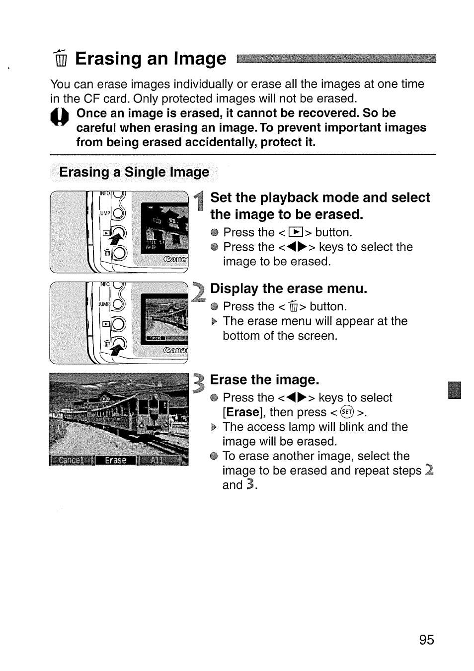 W erasing an image, Erasing a single image, Display the erase menu | Erase the image, M erasing an image, Erasing an image | Canon EOS 300 D User Manual | Page 97 / 141
