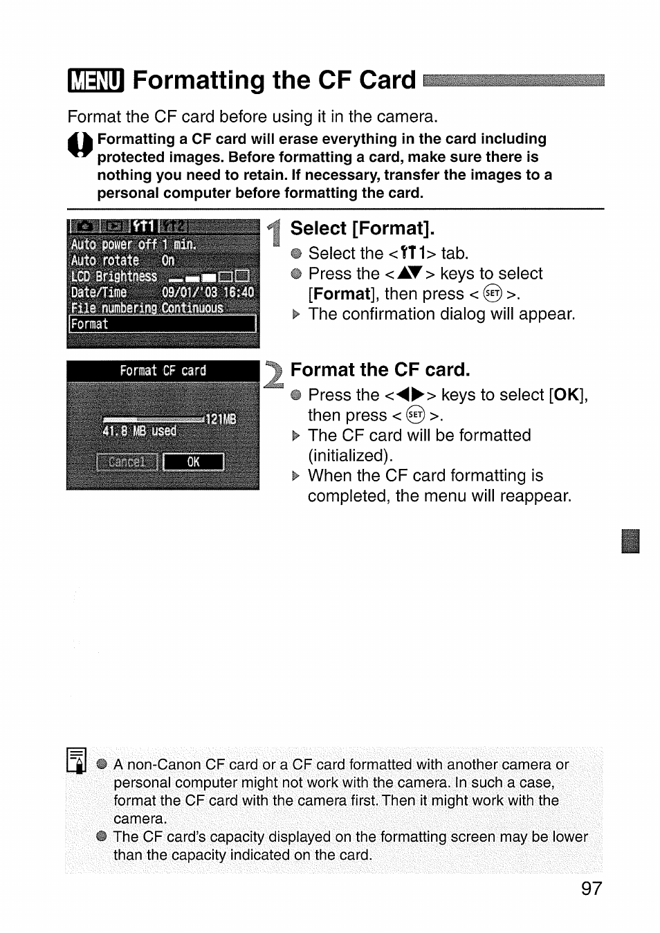 Select [format, Format the cf card, Menu formatting the cf card | Canon EOS 300 D User Manual | Page 99 / 141