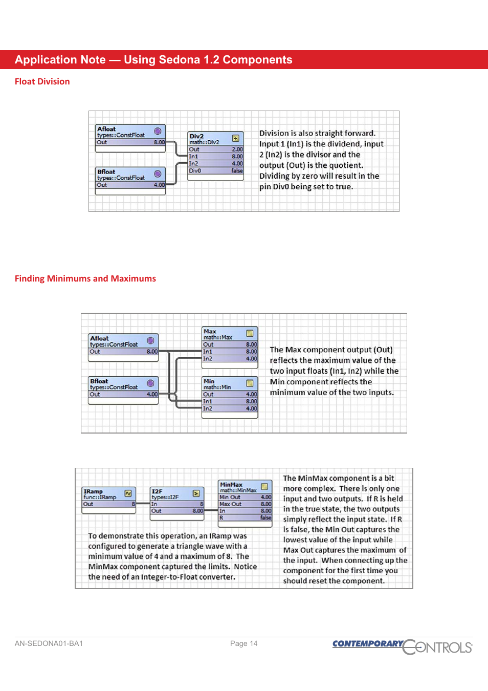 Float division, Finding minimums and maximums, Ontr ls o | Contemporary Control Systems Sedona User Manual | Page 14 / 27