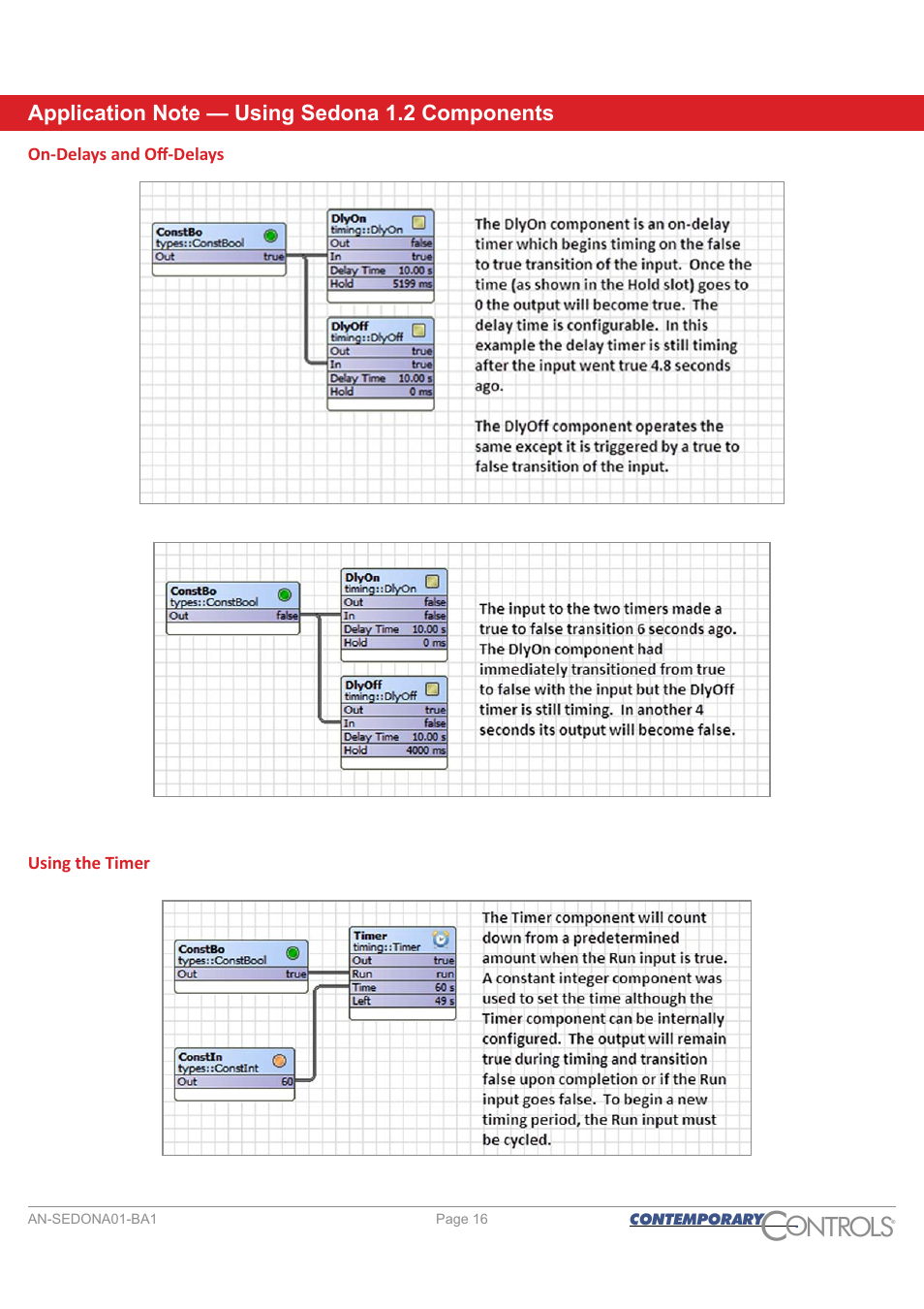 On-delays and off-delays, Using the timer, Ontr ls o | Contemporary Control Systems Sedona User Manual | Page 16 / 27