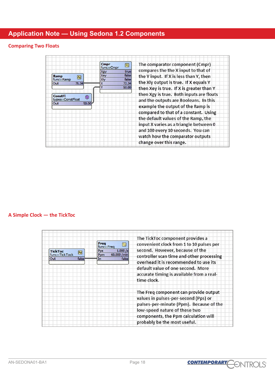 Comparing two floats, A simple clock - the ticktoc, Ontr ls o | Contemporary Control Systems Sedona User Manual | Page 18 / 27