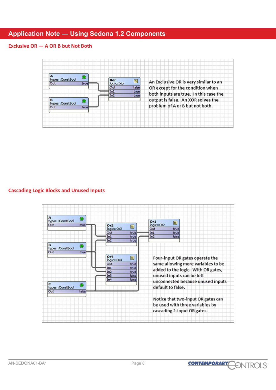 Exclusive or - a or b but not both, Cascading logic blocks and unused inputs, Ontr ls o | Contemporary Control Systems Sedona User Manual | Page 8 / 27