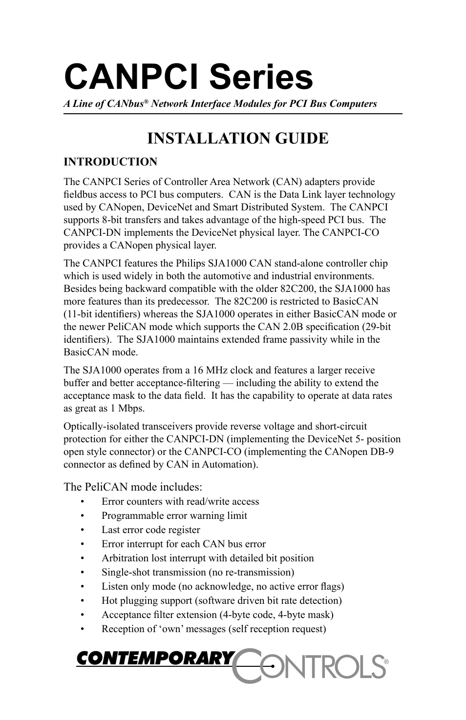 Contemporary Control Systems CANPCI User Manual | 8 pages