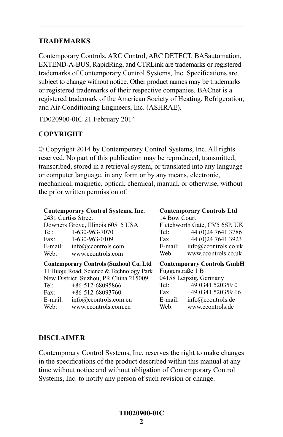 Trademarks, Copyright, Office locations | Disclaimer | Contemporary Control Systems CANPCI User Manual | Page 2 / 8